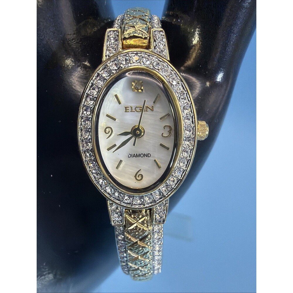 Ladies Elgin Gold Tone and Clear Gemstone Watch EG9857 Beautiful Condition